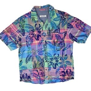 Tommy Bahama Madras in Paradise Camp Shirt Blue Canal Size M Short Sleeve Floral